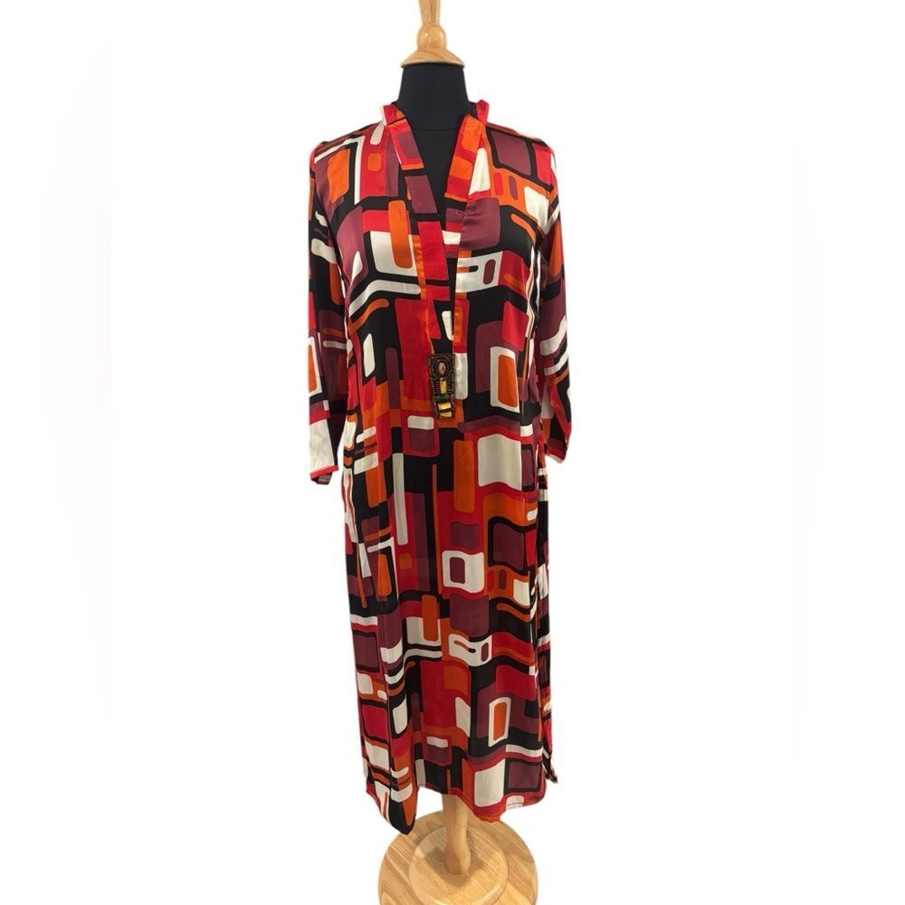 Women’s Geometric Shape Long-Sleeved Multicolored Shirt Maxi Dress-size SM
